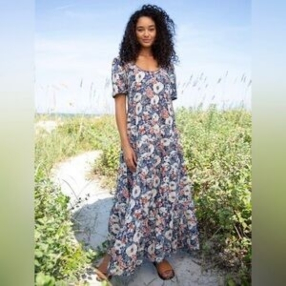 NATURAL LIFE Dresses & Skirts - Natural Life Scoop Neck With Floral Blue Maxi Dress With Trim Detail